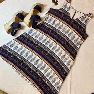 24/7 Maurice’s Sleeveless A-line Double V-Neck Dress, Ivory/Navy/Rust, M, EUC